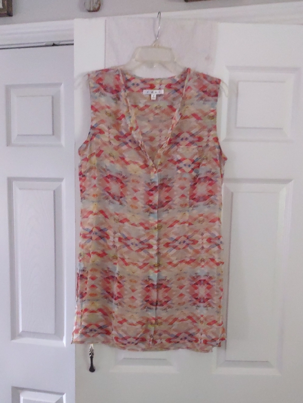 CAbi Sleeveless V-Neck Camisole in Beige with Red and Blue Ikat Print Size Med